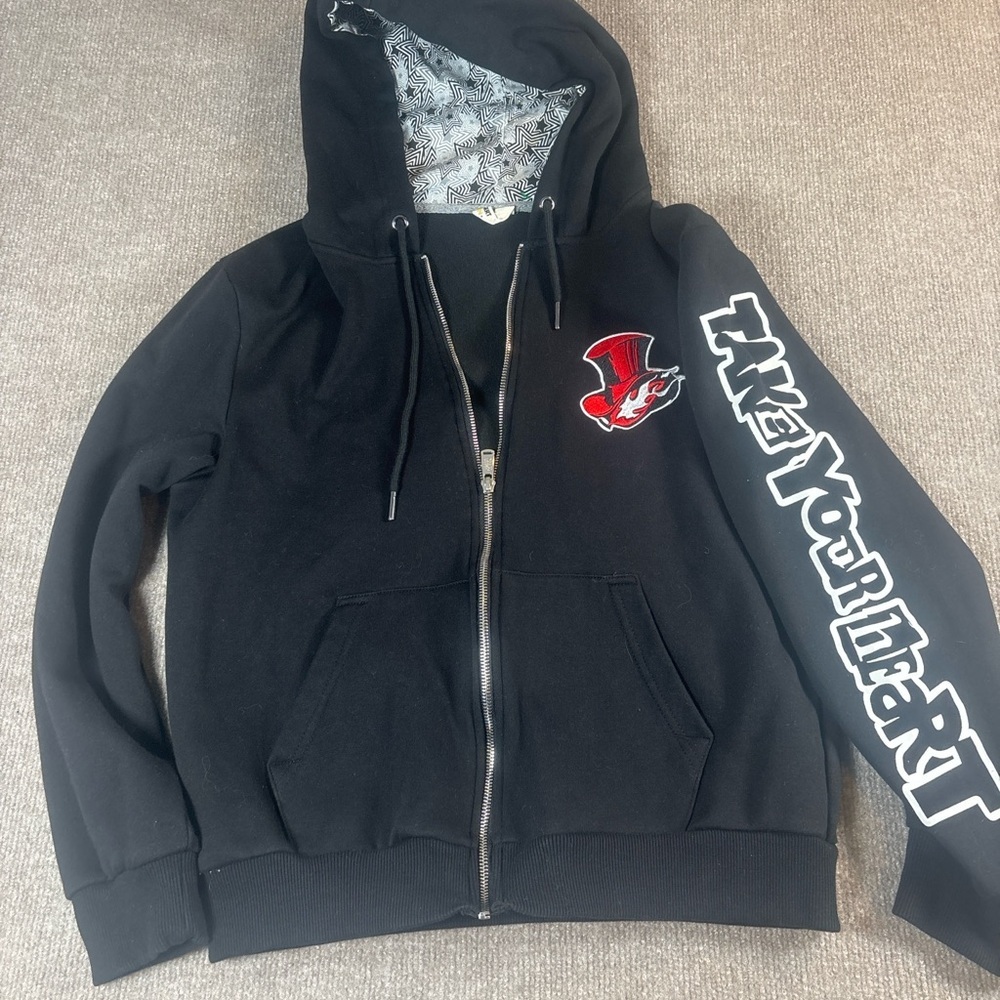 Persona Black Zip-Up Hoodie with Red and White Graphics